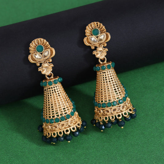 Green Color Rajwadi Matte Gold Earrings (MGE314GRN)