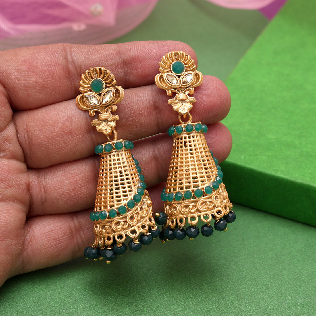 Green Color Rajwadi Matte Gold Earrings (MGE314GRN)