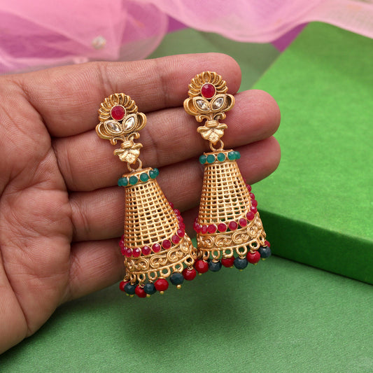 Rani & Green Color Rajwadi Matte Gold Earrings (MGE314RNIGRN)