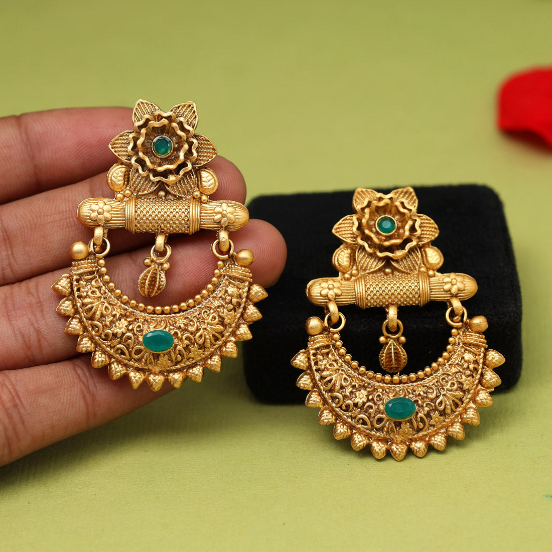 Green Color Rajwadi Matte Gold Earrings (MGE318GRN)