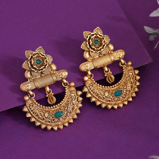 Green Color Rajwadi Matte Gold Earrings (MGE318GRN)