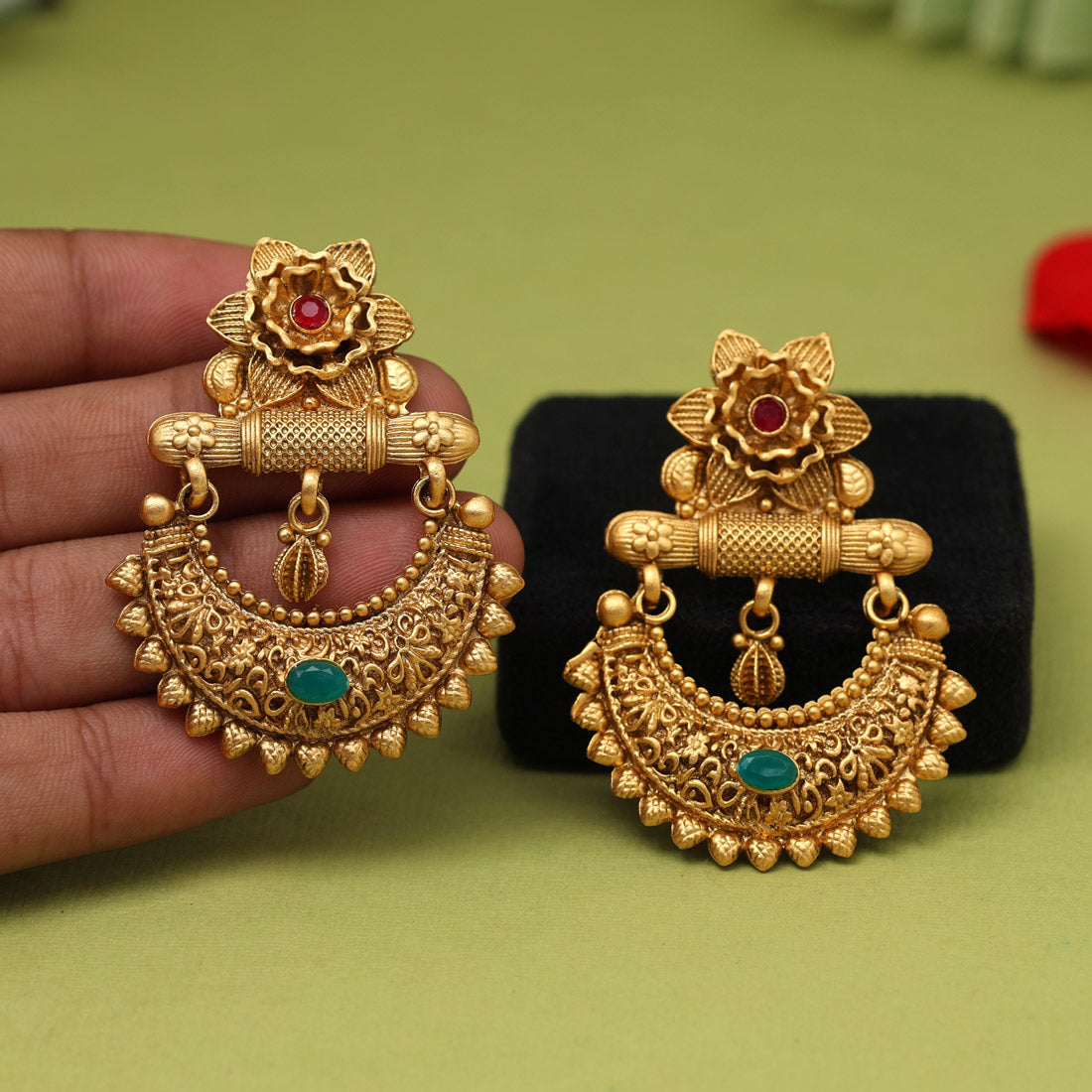 Rani & Green Color Rajwadi Matte Gold Earrings (MGE318RNIGRN)