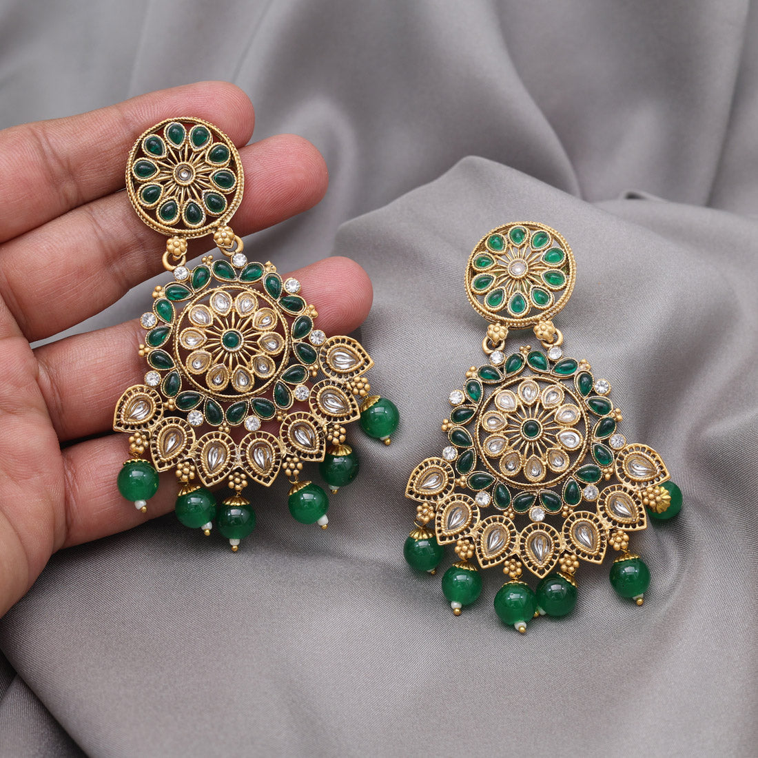 Green Color Rajwadi Matte Gold Earrings (MGE328GRN)