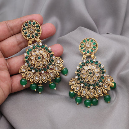 Green Color Rajwadi Matte Gold Earrings (MGE328GRN)