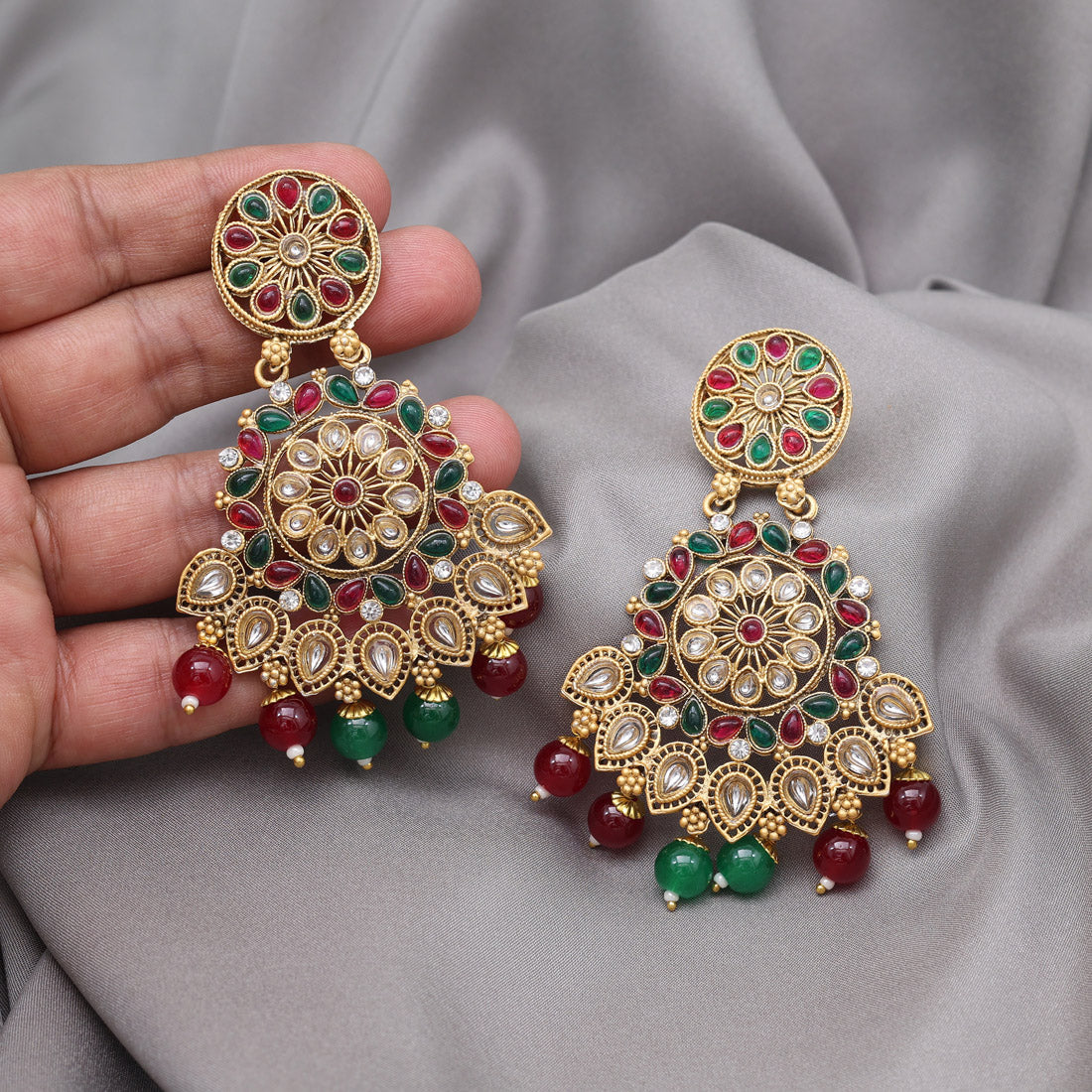 Maroon & Green Color Rajwadi Matte Gold Earrings (MGE328MG)