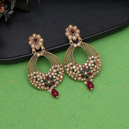 Rani & Green Color Rajwadi Matte Gold Earrings