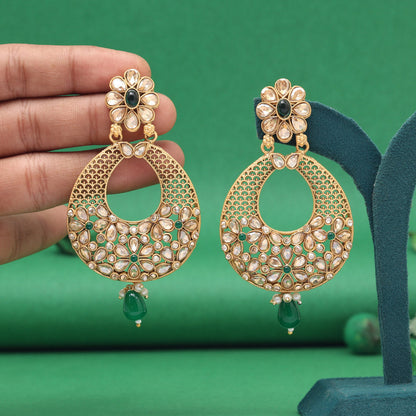Green Color Rajwadi Matte Gold Earrings