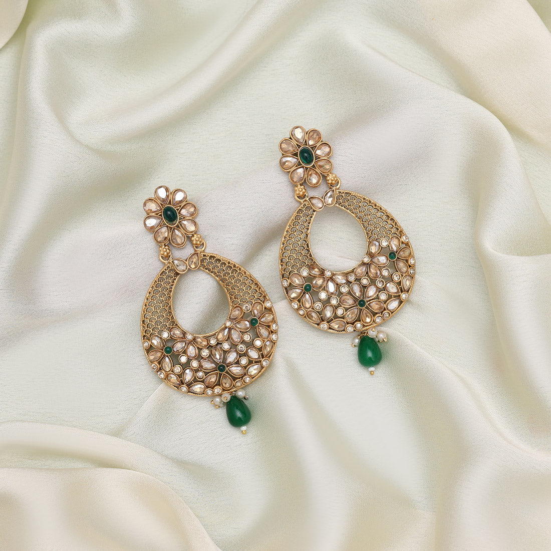 Green Color Rajwadi Matte Gold Earrings