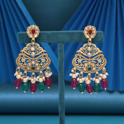 Rani & Green Color Rajwadi Matte Gold Earrings