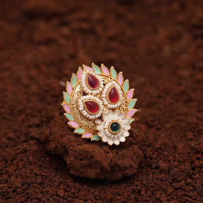 Assorted Color Meena Work 12 Pieces Of Matte Gold Finger Rings (MGR113CMB)