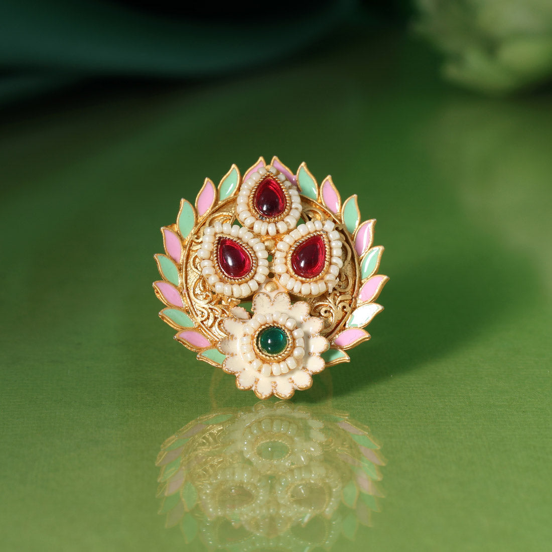 Assorted Color Meena Work 12 Pieces Of Matte Gold Finger Rings (MGR113CMB)