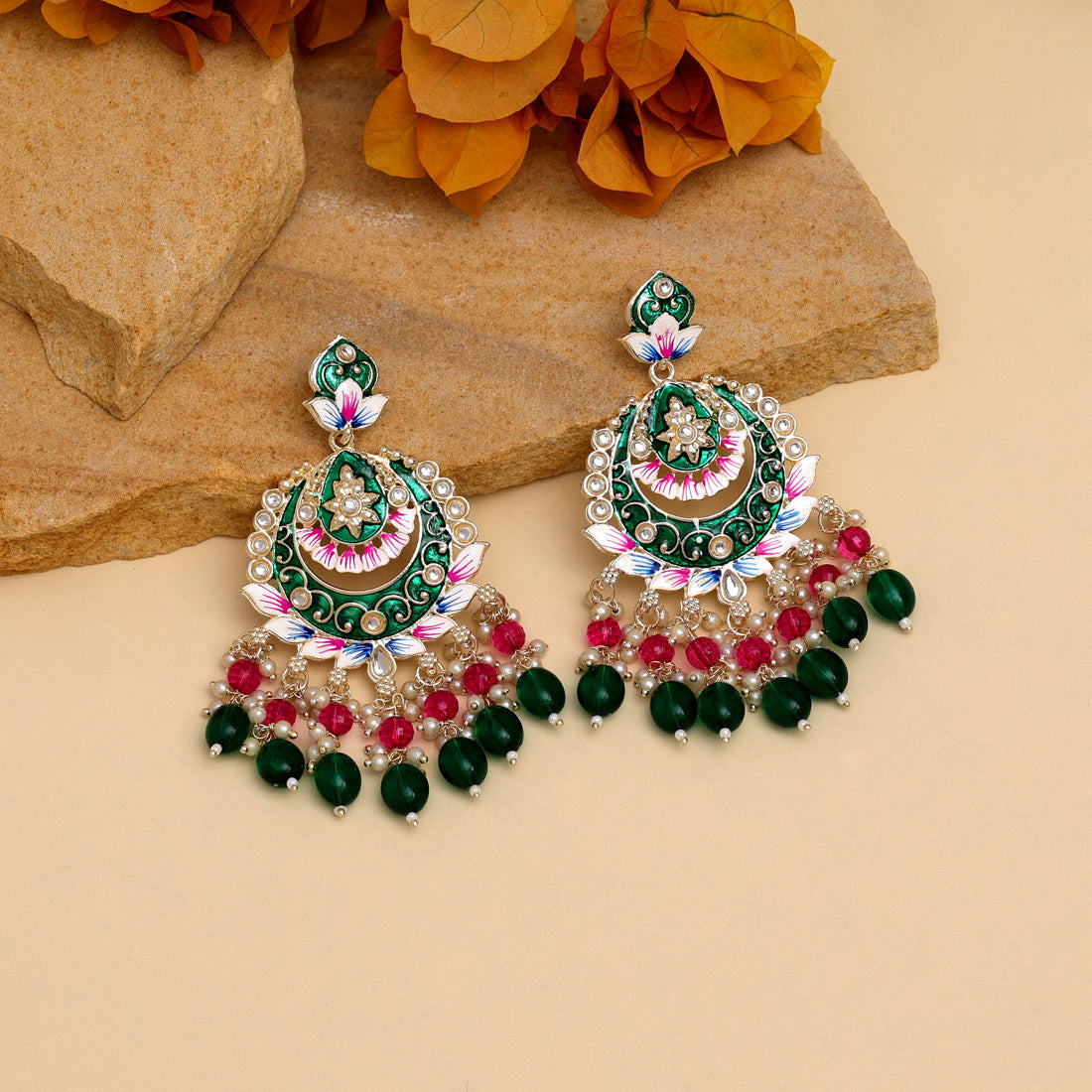 Green Color Hand Painted Meenakari Earrings (MKE1952GRN)