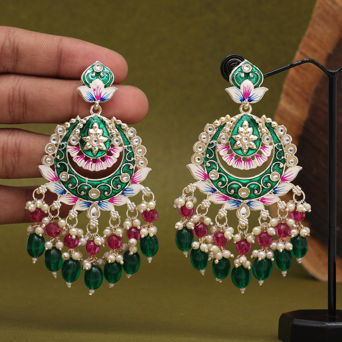 Green Color Hand Painted Meenakari Earrings (MKE1952GRN)