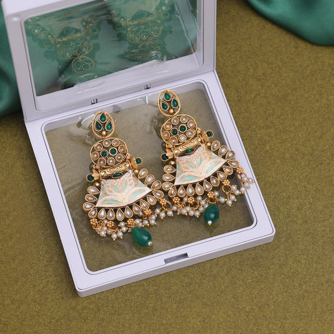 Green Color Meenakari Earrings (MKE1964GRN)