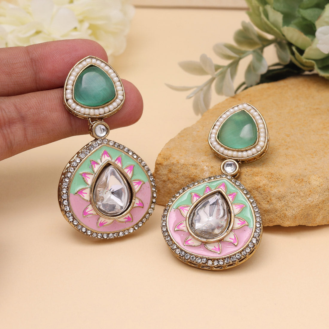 Pista Green & Pink Color Meenakari Earrings (MKE2004PGRNPNK)