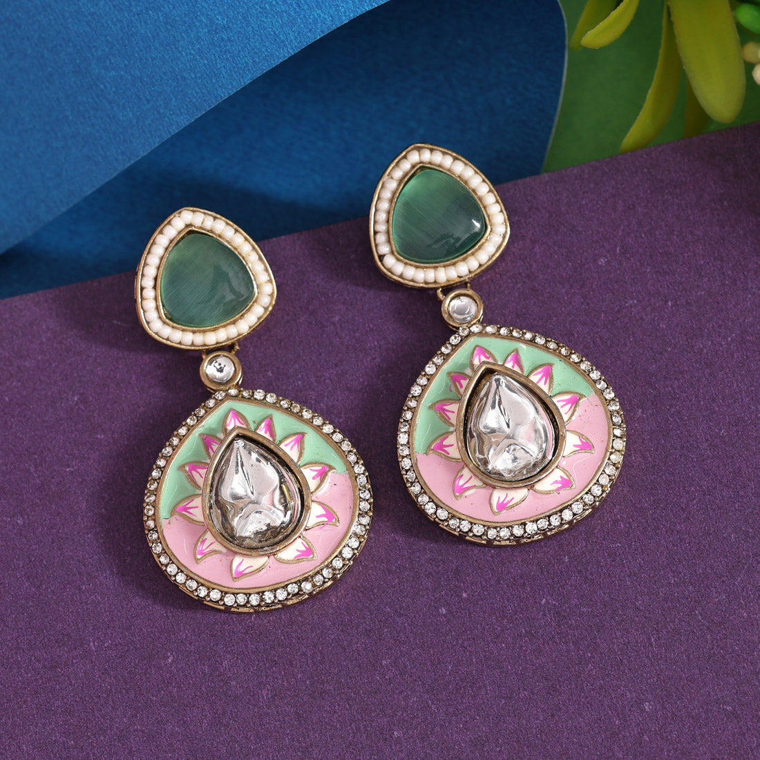 Pista Green & Pink Color Meenakari Earrings (MKE2004PGRNPNK)