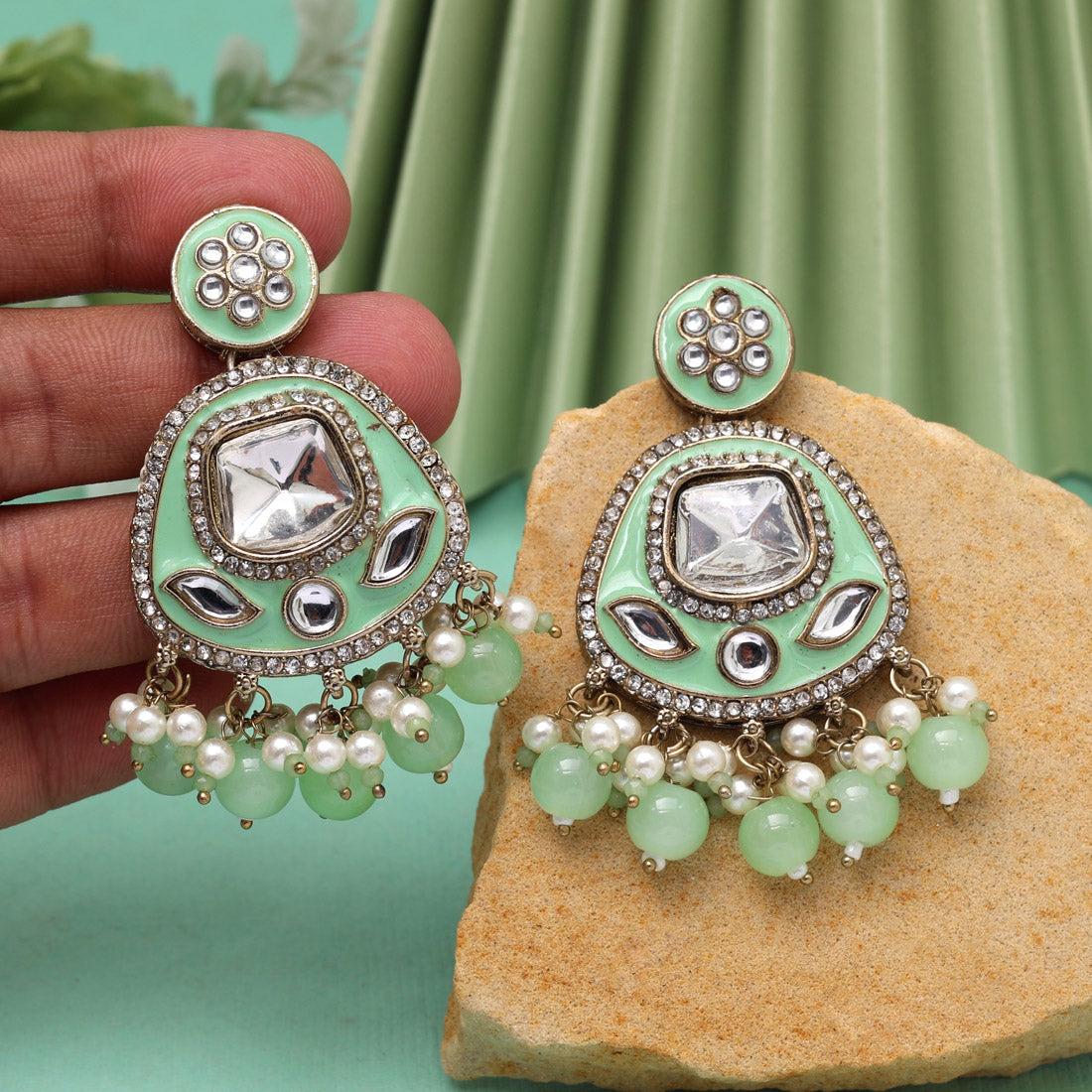 Pista Green Color Kundan Meenakari Earrings (MKE2005PGRN)