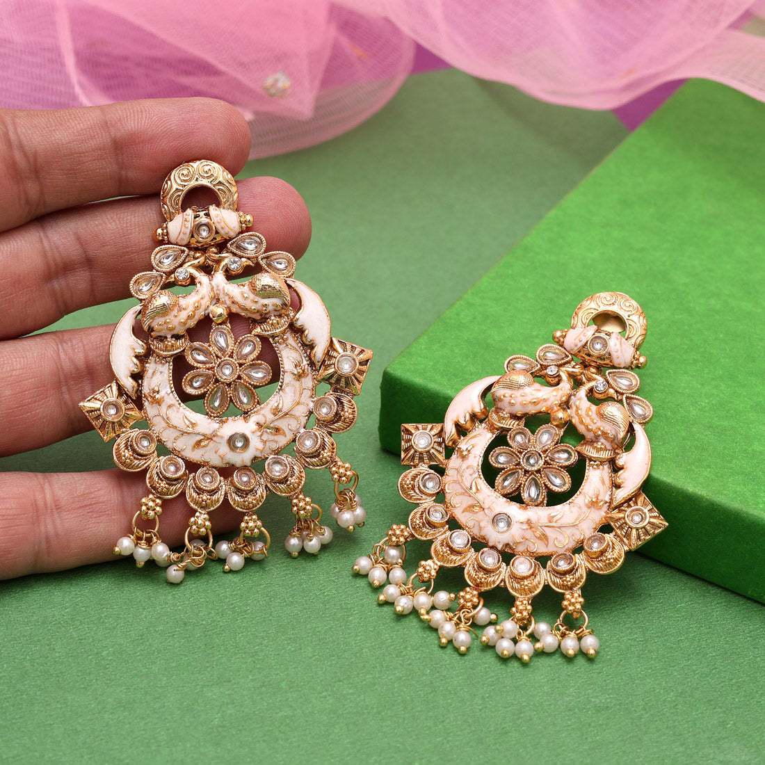 Gold Color Kundan Meenakari Earrings (MKE2006GLD)