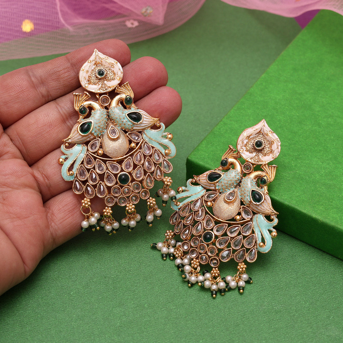Green Color Kundan Meenakari Earrings (MKE2009GRN)