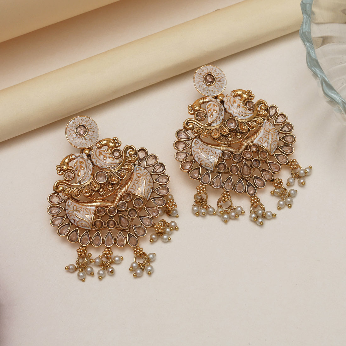 Gold Color Kundan Meenakari Earrings (MKE2010GLD)