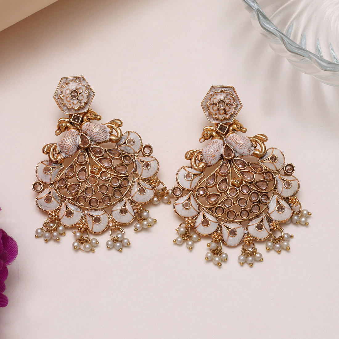 Gold Color Kundan Meenakari Earrings (MKE2011GLD)