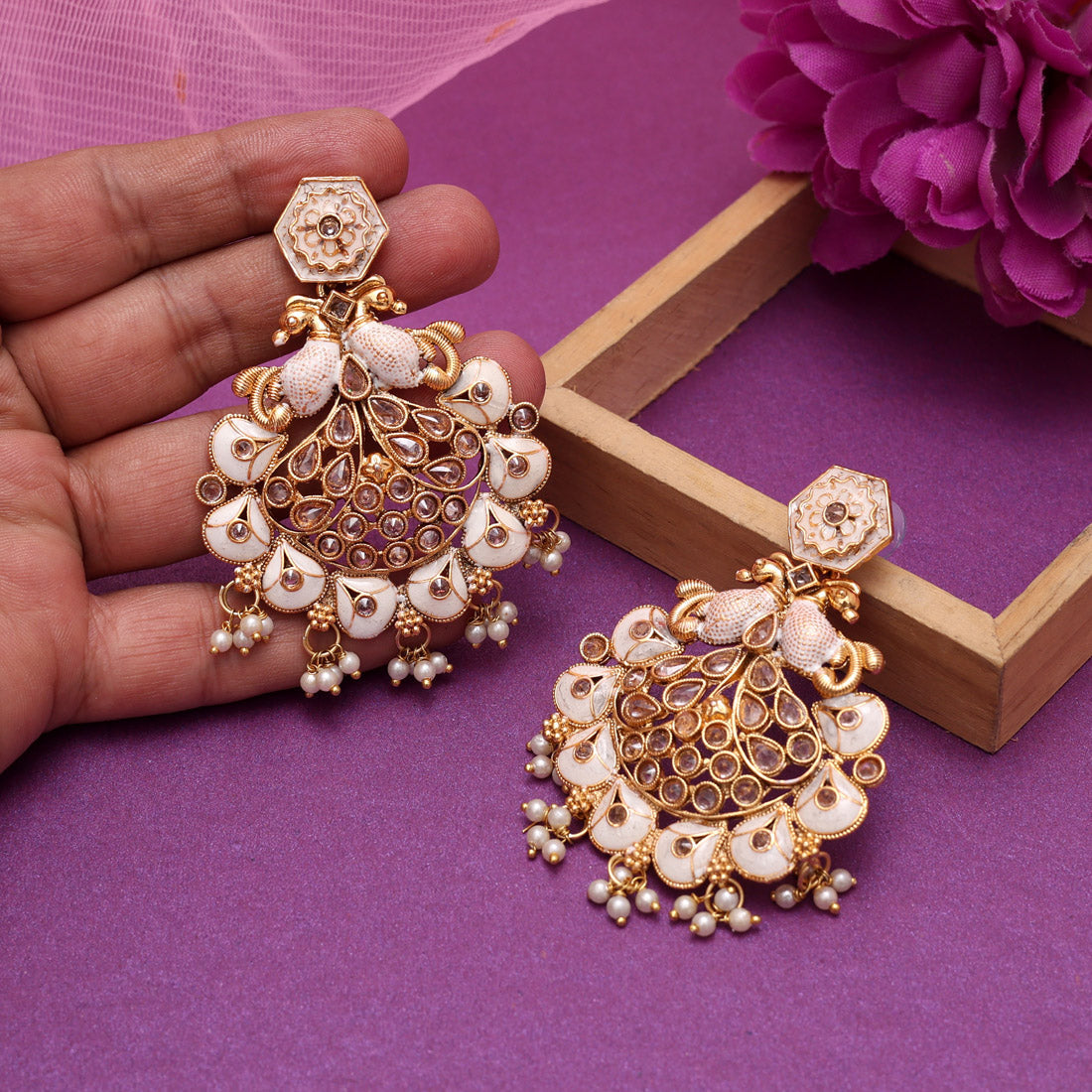 Gold Color Kundan Meenakari Earrings (MKE2011GLD)