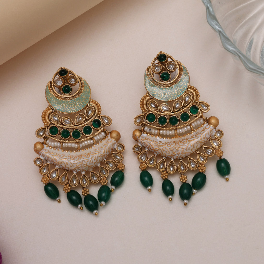 Green Color Kundan Meenakari Earrings (MKE2012GRN)