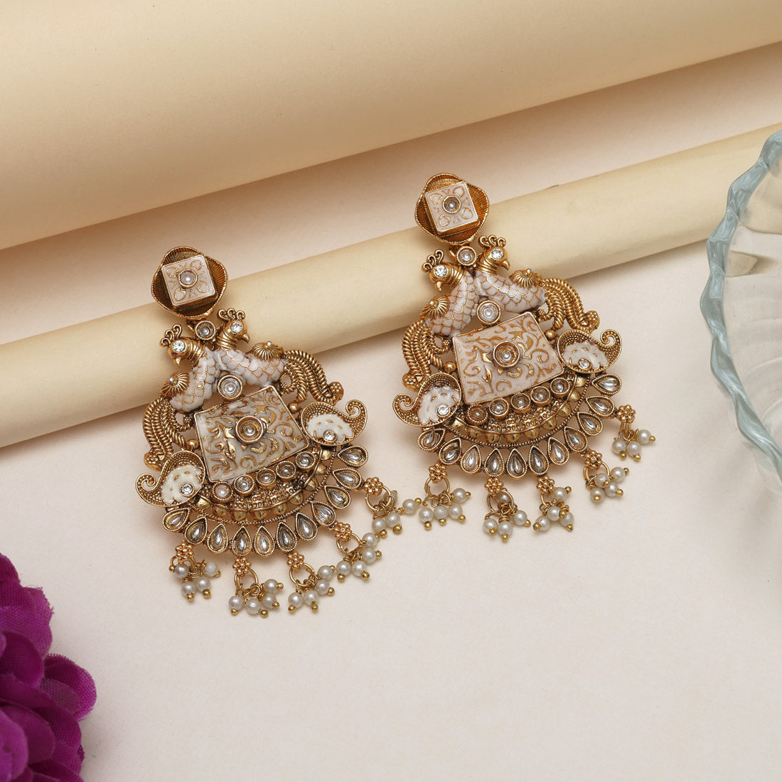 Gold Color Kundan Meenakari Earrings (MKE2013GLD)