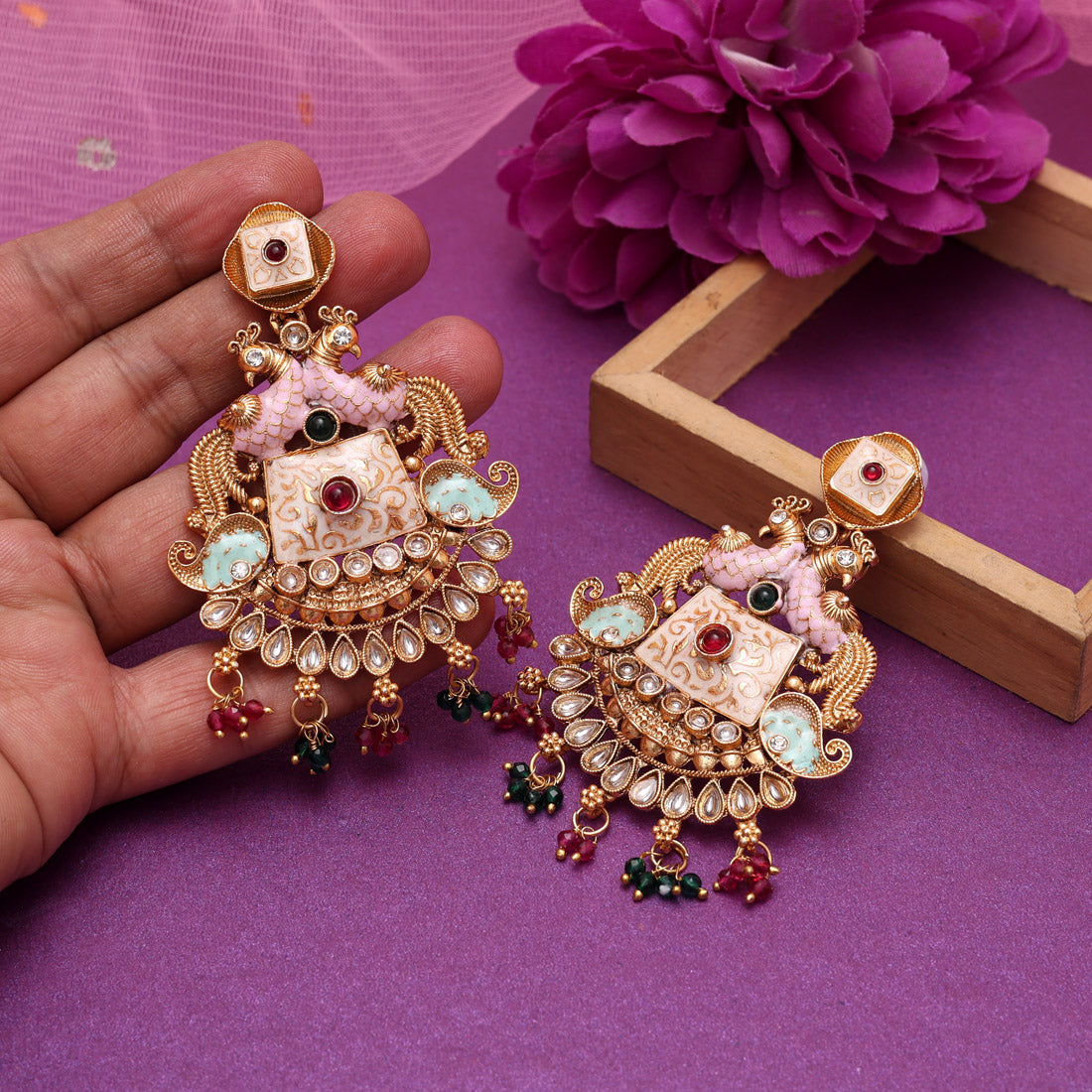 Rani & Green Color Kundan Meenakari Earrings (MKE2013RNIGRN)