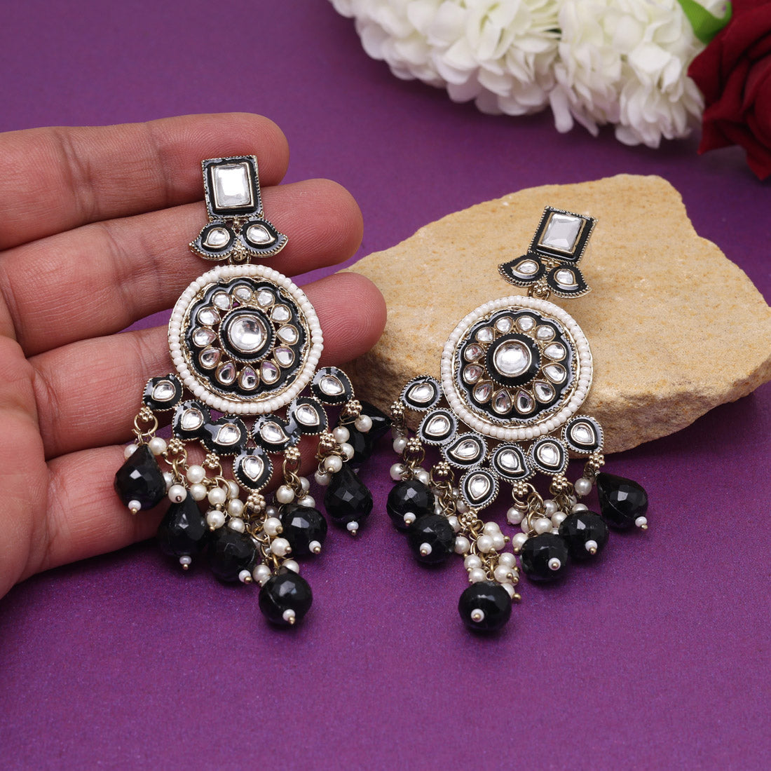 Black Color Kundan Meenakari Earrings (MKE2017BLK)