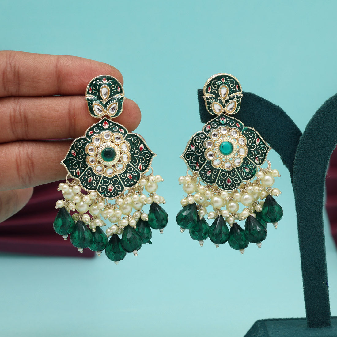Green Color Kundan Meenakari Earrings (MKE2018GRN)