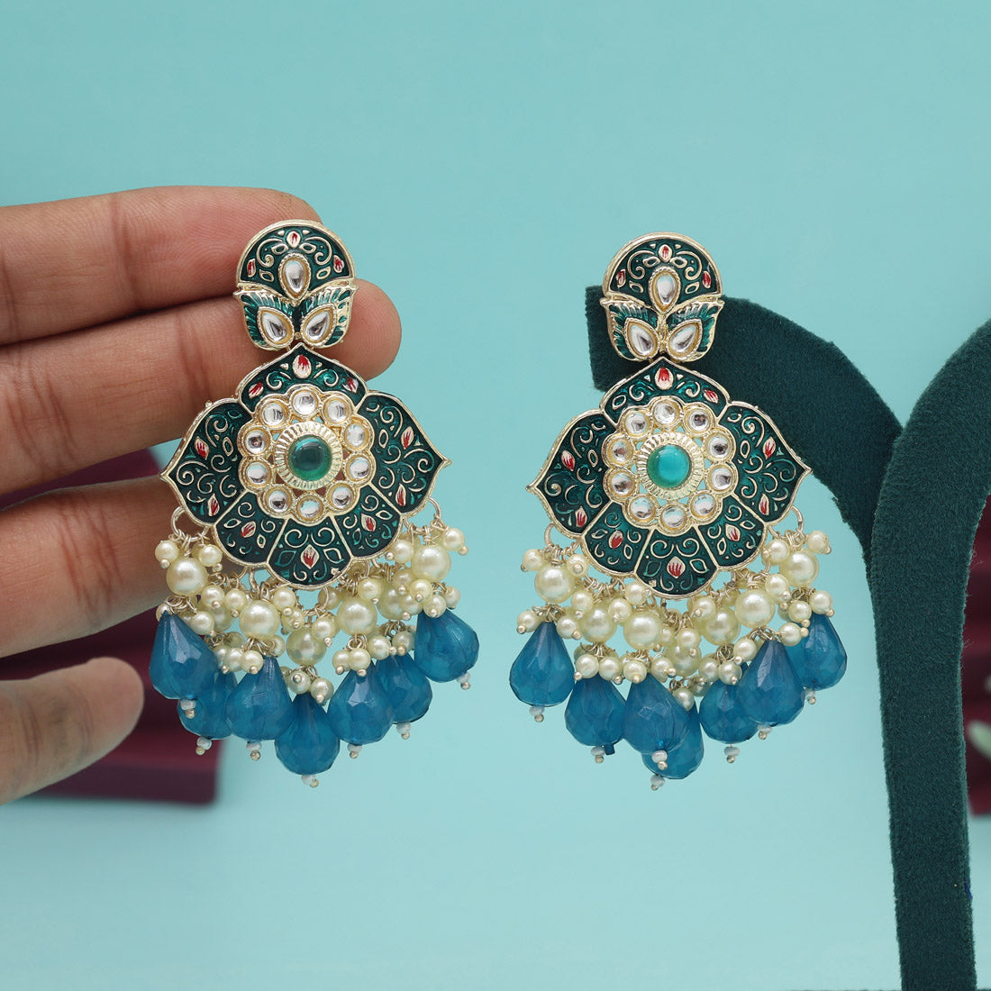 Turquoise Blue Color Kundan Meenakari Earrings (MKE2018TBLU)