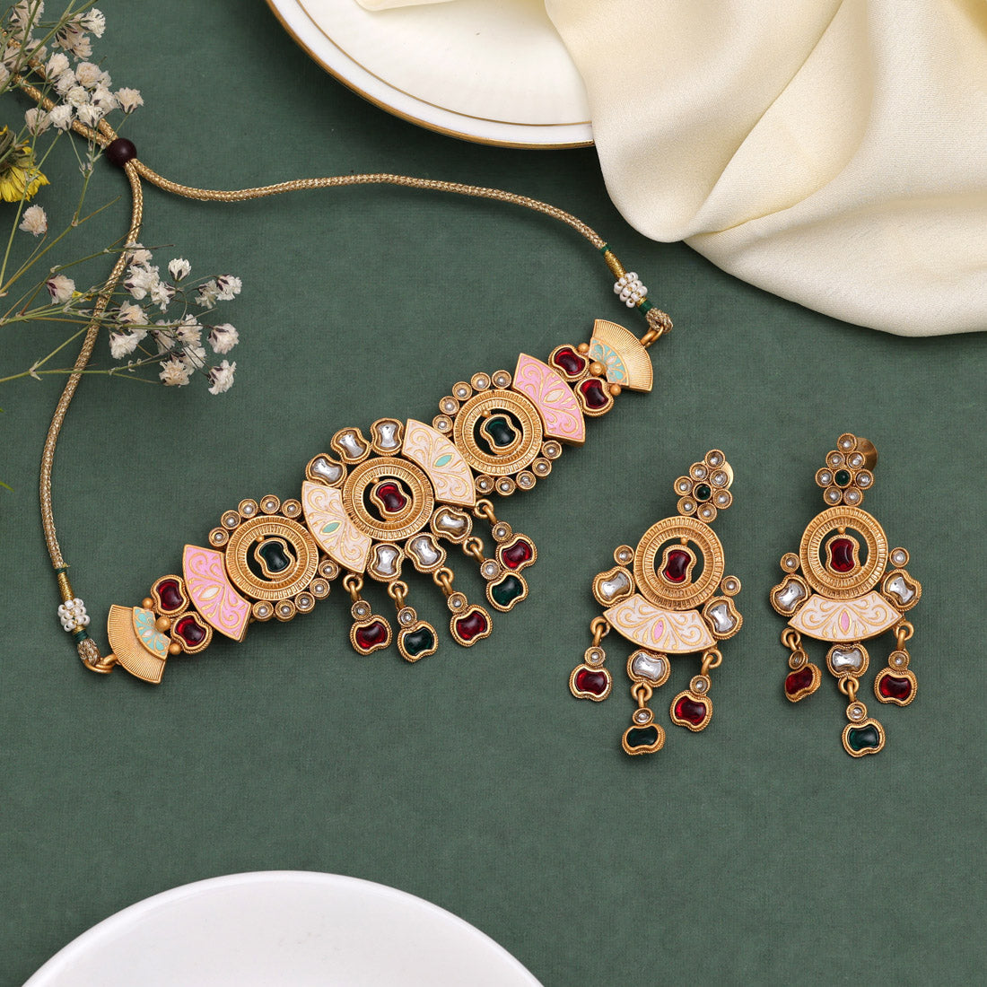 Multi Color Choker Meenakari Matte Gold Necklace Set (MKN559MLT)