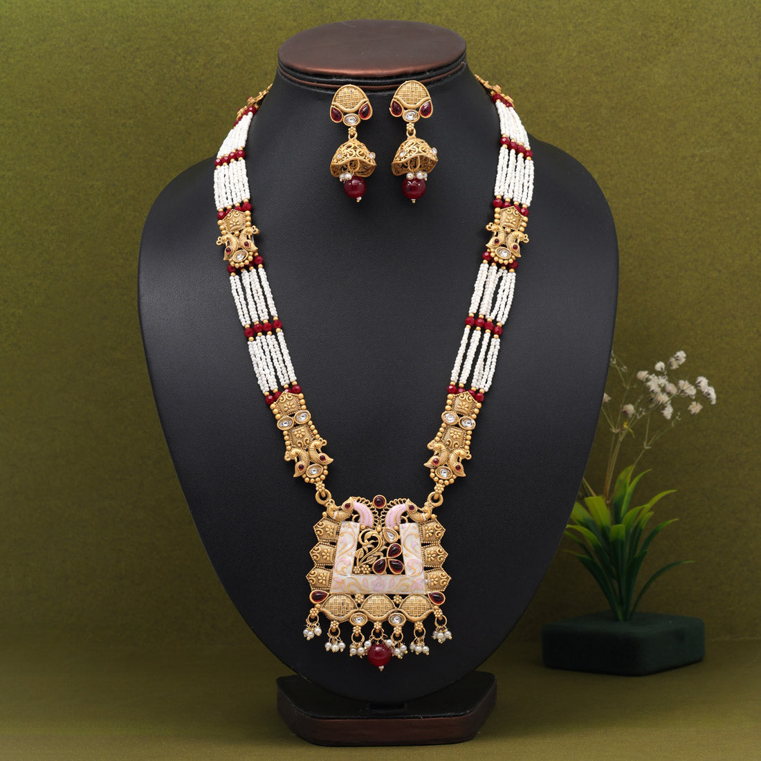 Rani Color Long Meenakari Matte Gold Necklace Set (MKN562RNI)