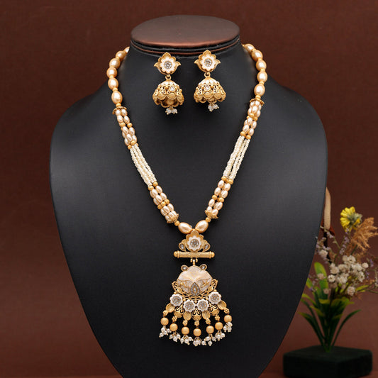 Gold Color Long Meenakari Matte Gold Necklace Set (MKN564GLD)