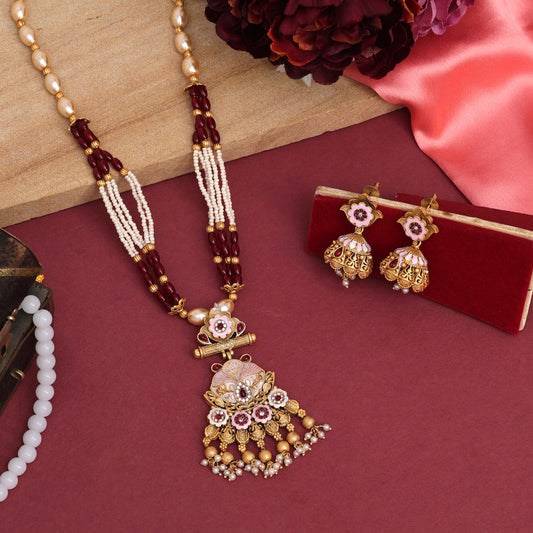 Maroon Color Long Meenakari Matte Gold Necklace Set (MKN564MRN)