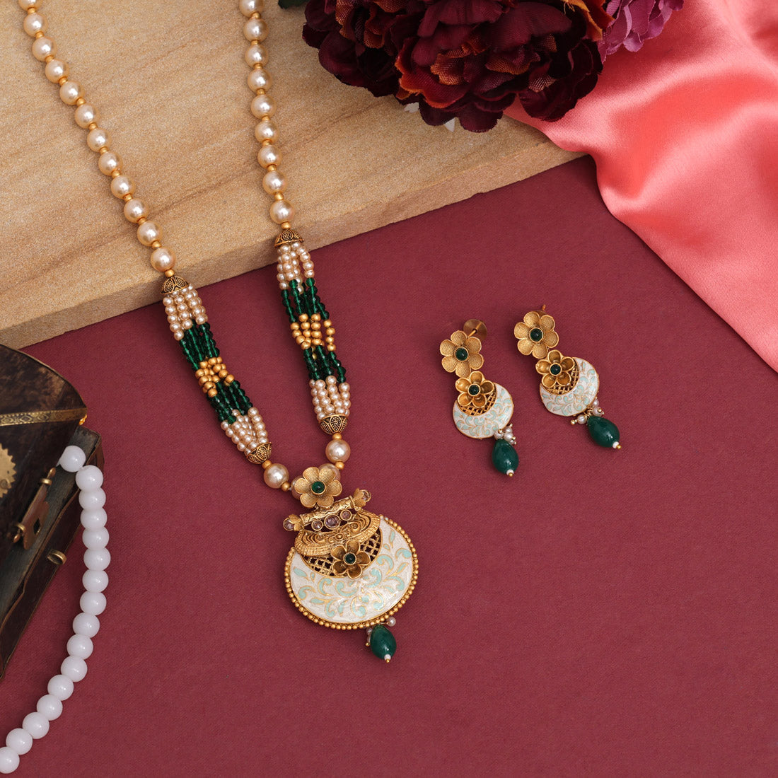 Green Color Long Meenakari Matte Gold Necklace Set (MKN568GRN)