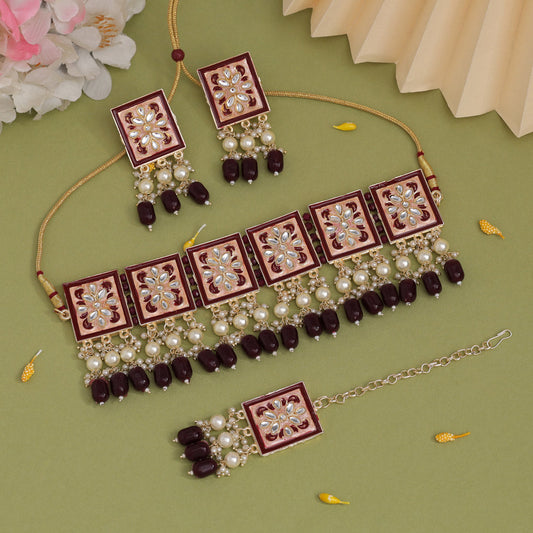 Maroon Color Choker Meenakari Necklace Set (MKN595MRN)