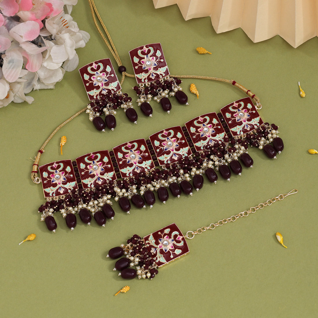 Maroon Color Choker Meenakari Necklace Set (MKN596MRN)