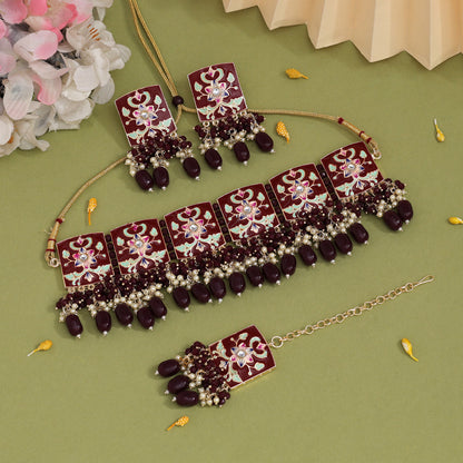 Maroon Color Choker Meenakari Necklace Set (MKN596MRN)