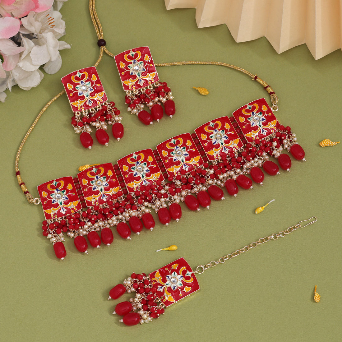 Red Color Choker Meenakari Necklace Set (MKN596RED)