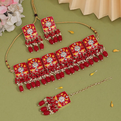 Red Color Choker Meenakari Necklace Set (MKN596RED)