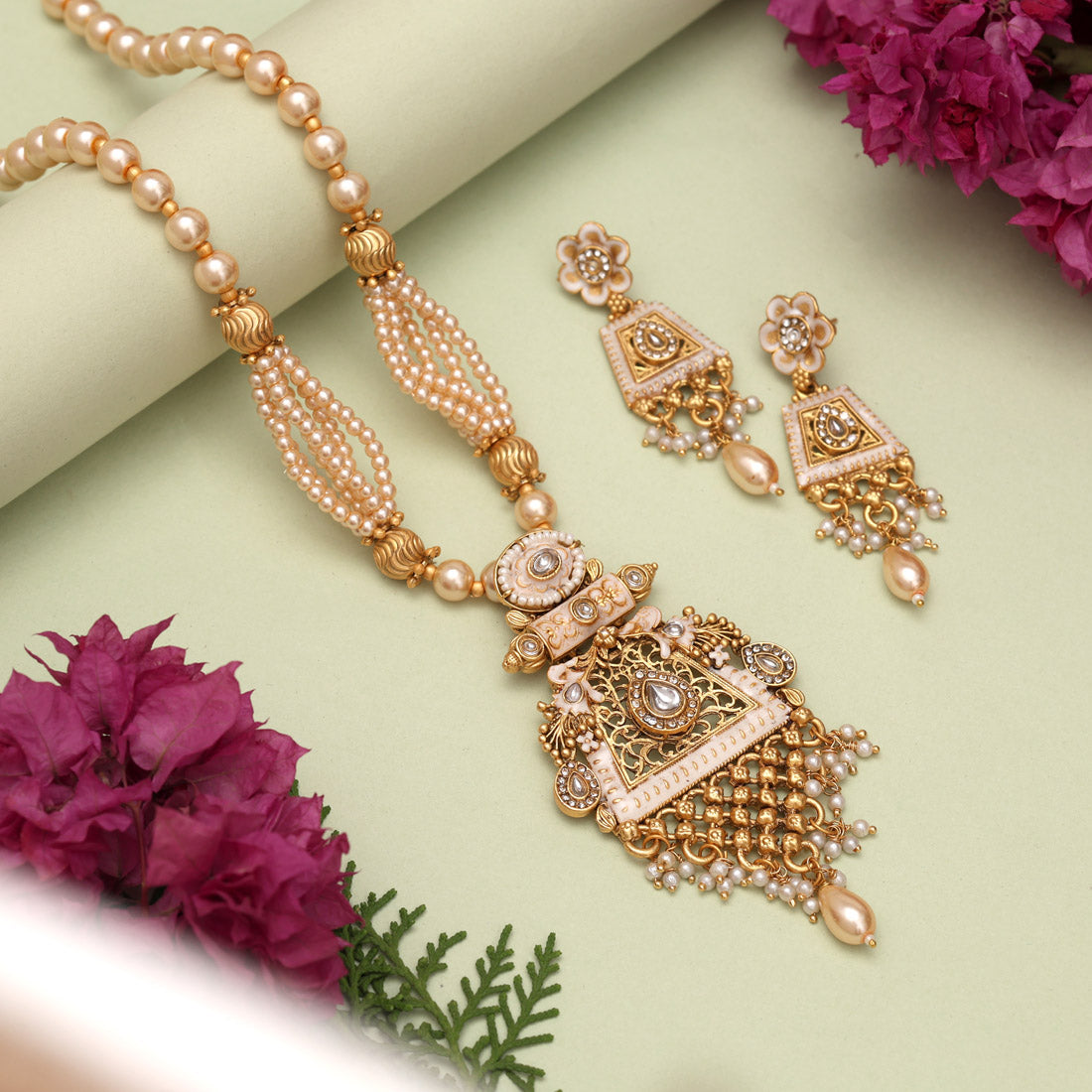 Gold Color Matte Gold Meenakari Necklace Set (MKN603GLD)