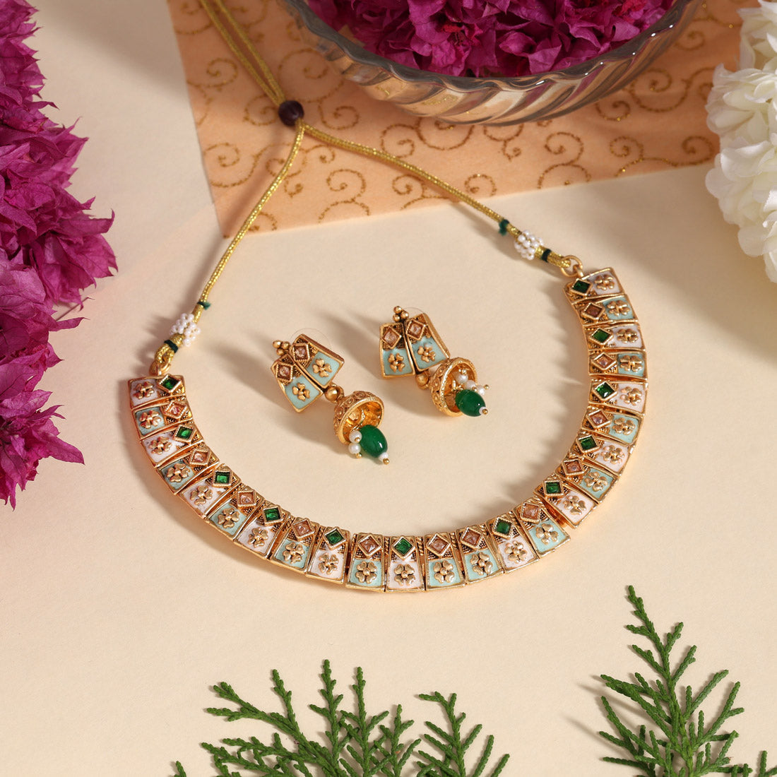 Green Color Matte Gold Meenakari Necklace Set (MKN606GRN)