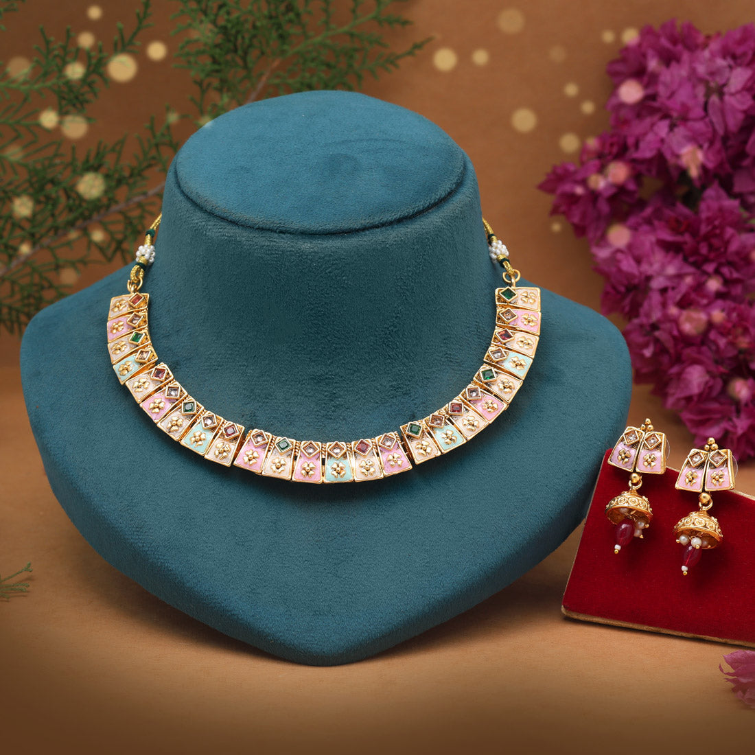 Multi Color Matte Gold Meenakari Necklace Set (MKN606MLT)