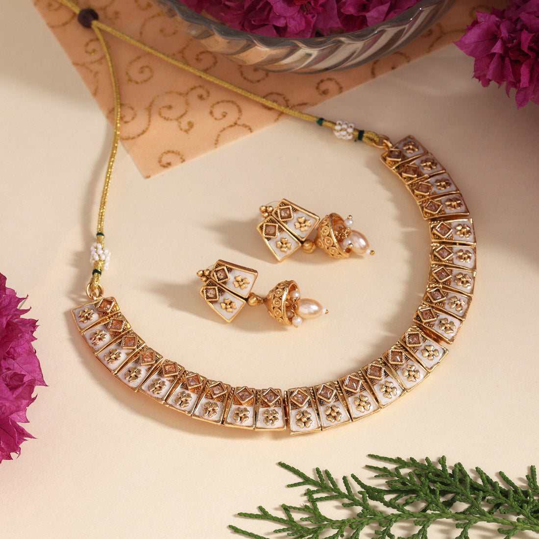 White Color Matte Gold Meenakari Necklace Set (MKN606WHT)