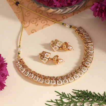 White Color Matte Gold Meenakari Necklace Set (MKN606WHT)