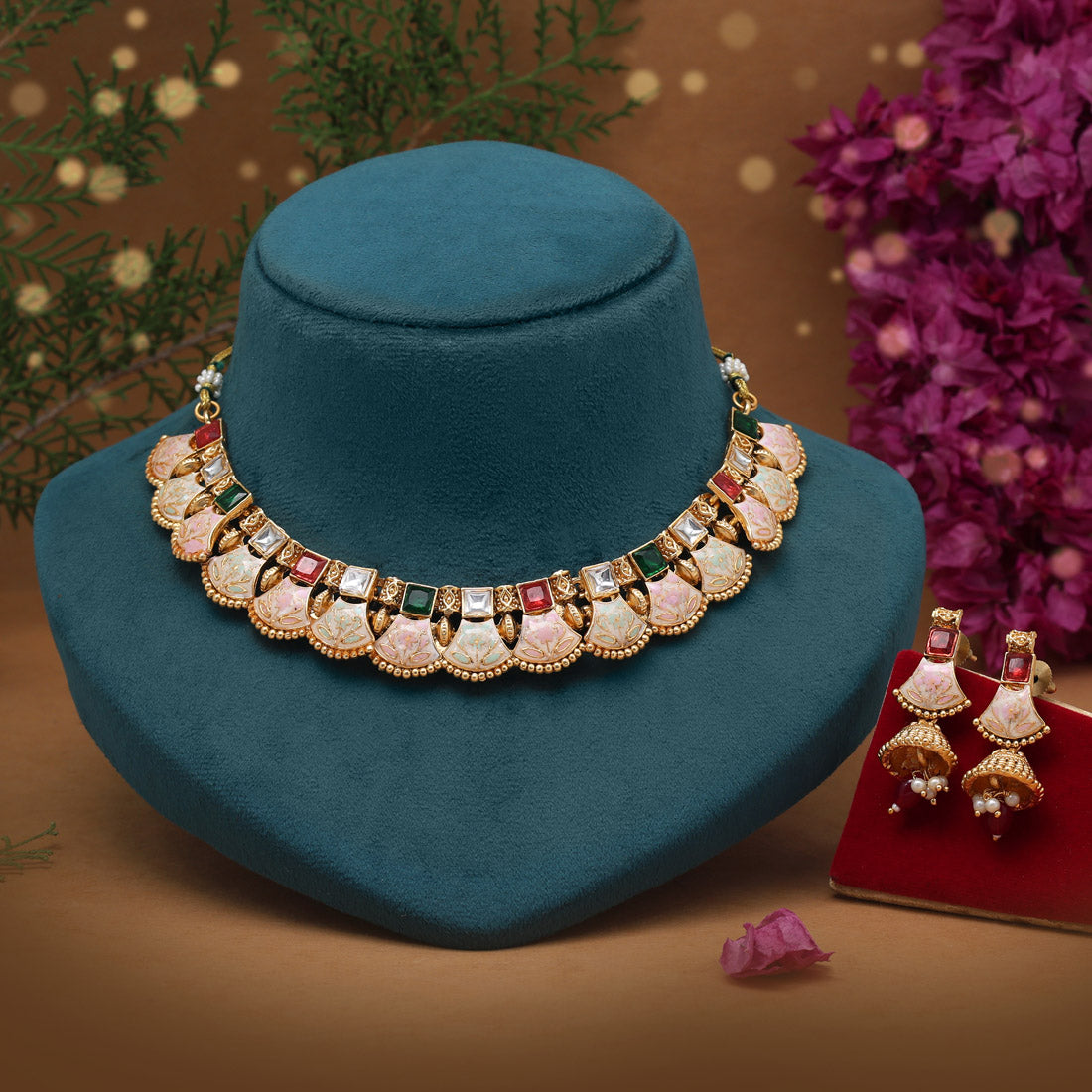 Maroon & Green Color Matte Gold Meenakari Necklace Set (MKN607MG)