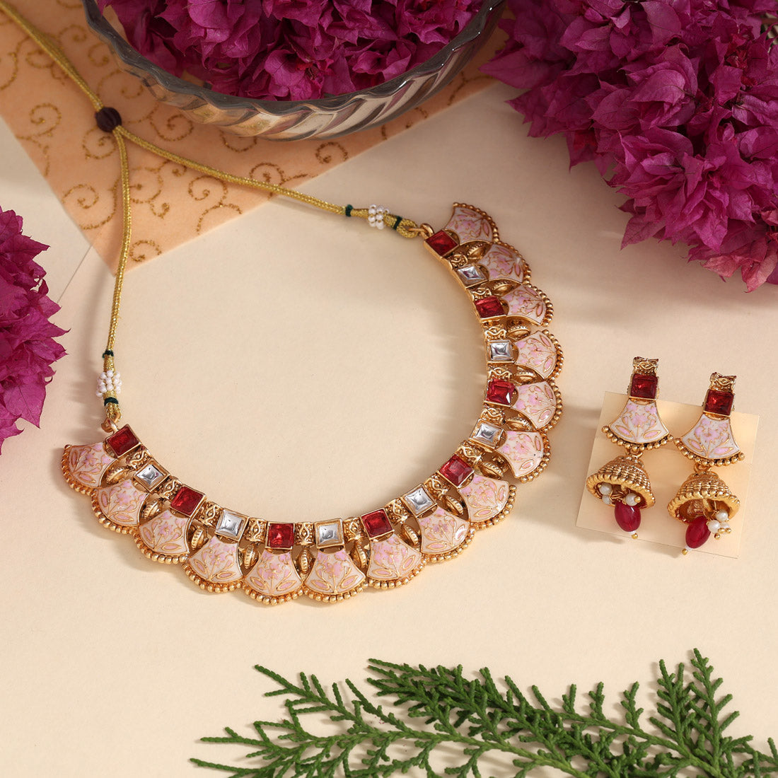 Maroon Color Matte Gold Meenakari Necklace Set (MKN607MRN)