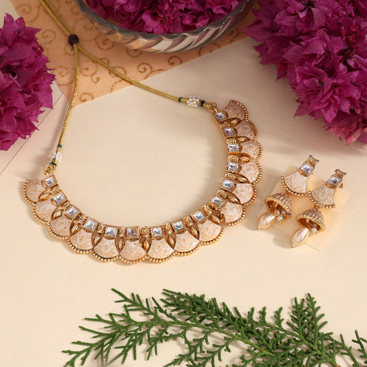 White Color Matte Gold Meenakari Necklace Set (MKN607WHT)